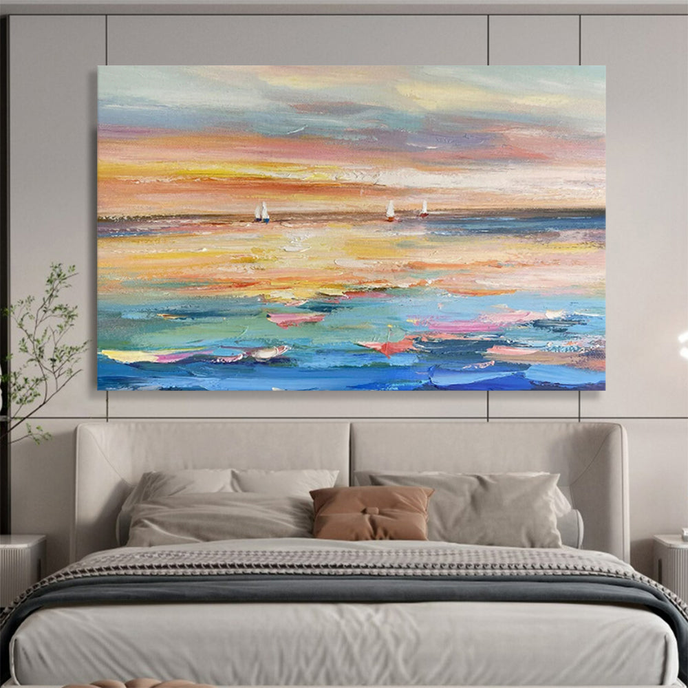 “Sailboats at Sunset” - Impressionist Seascape - Painting On Canvas PT1745