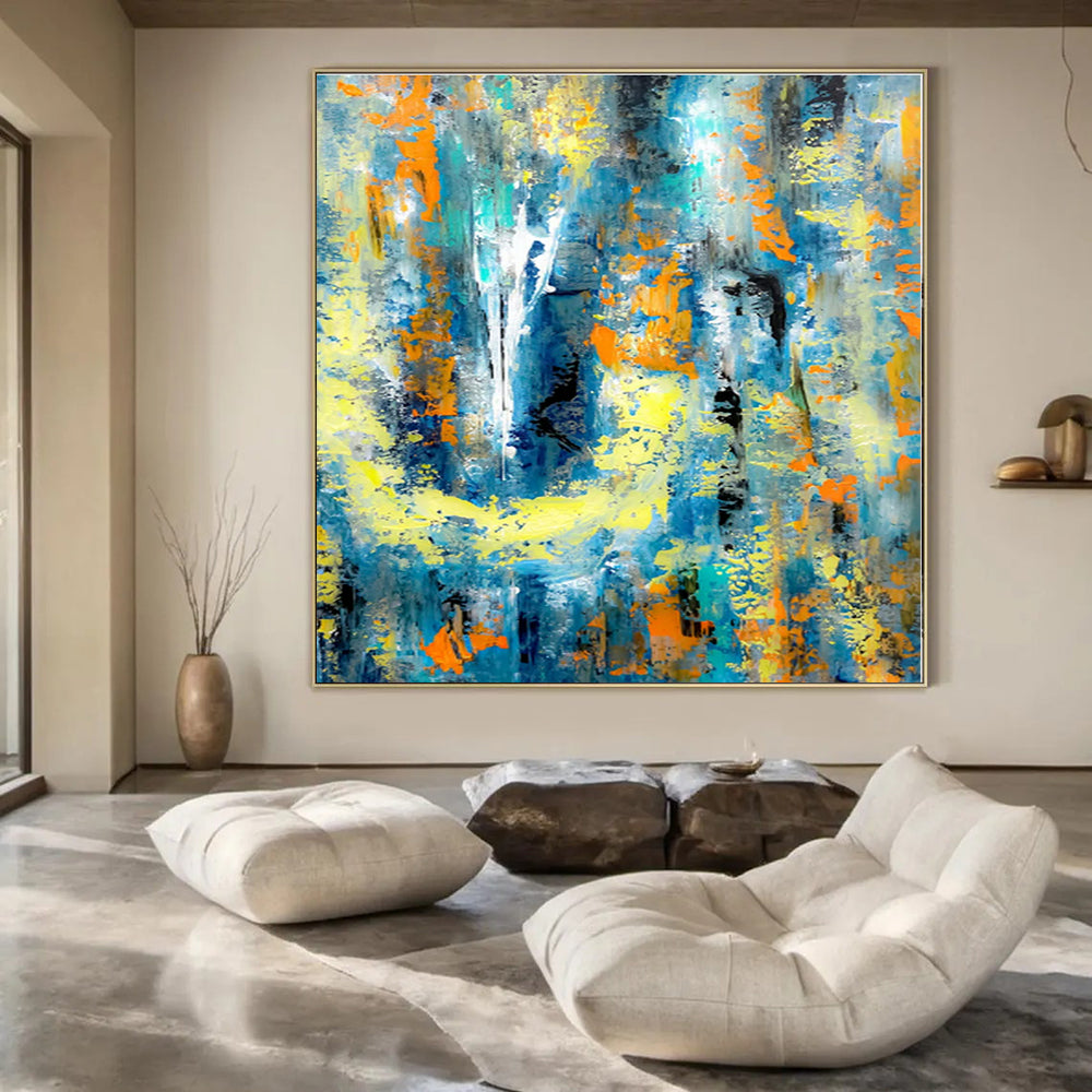 Blue, Yellow, and Orange Dynamic Mix - Energetic Abstract Brushstrokes Painting On Canvas PS1232