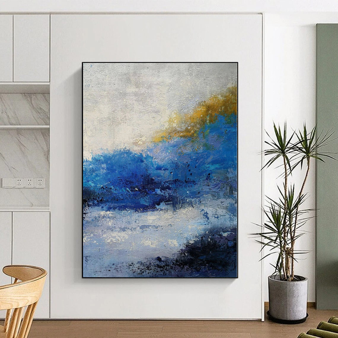 “Blue - Yellow Abstract Coastal Breeze” - Vivid Seascape Painting On Canvas PS0362