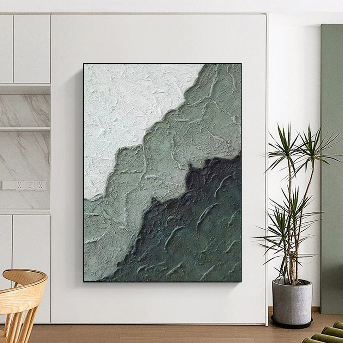 “Textured Green - Grey Abstract” - Minimalist Abstract Painting On Canvas PT1212