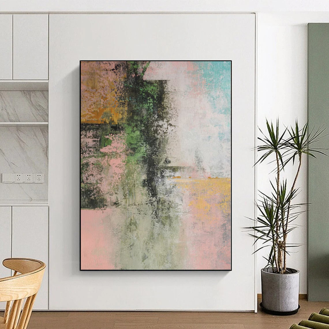 “Pink - Green Abstract Fusion” - Nature - Hued Abstract Painting On Canvas PS0044