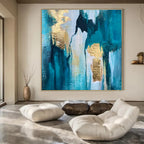 Teal, Blue, and Gold Textured, "Gilded Cascade" – Textured Abstract Painting On Canvas PS1007