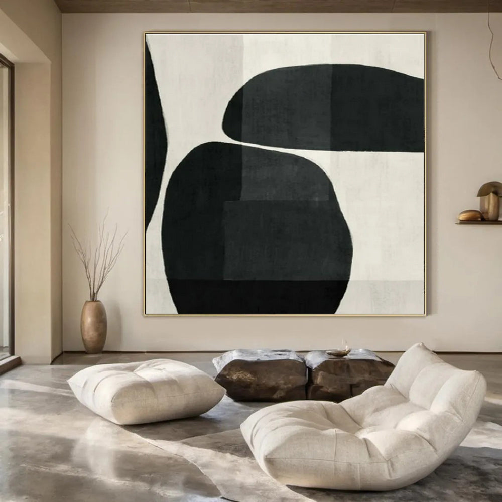 Black, White with Curved Shapes "Organic Flow" Abstract Painting On Canvas PS1448