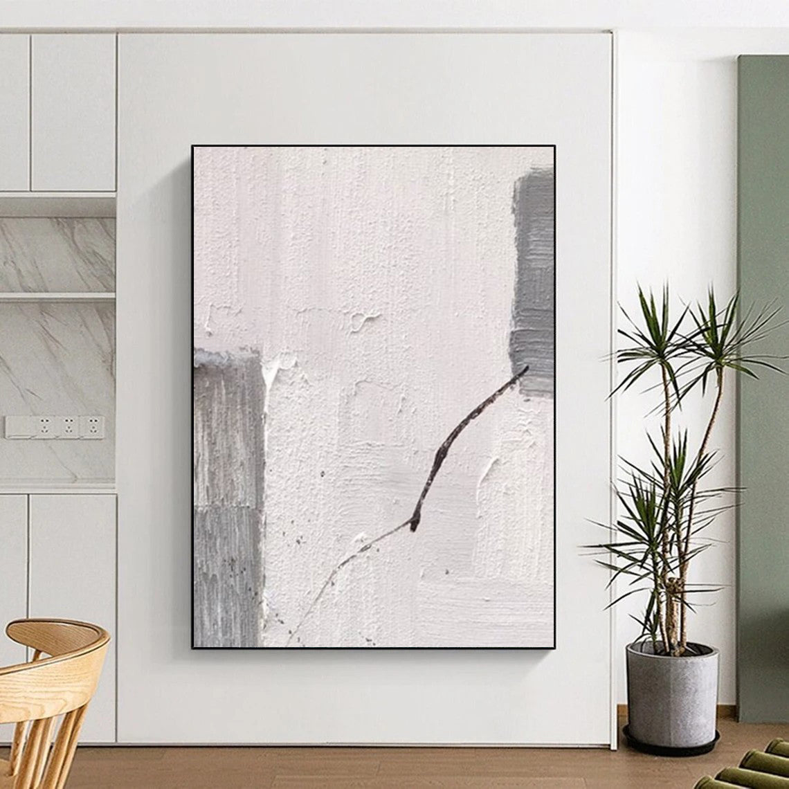 “White, Grey, and Curved Line” - Minimalist Line - Focused Painting On Canvas DS363