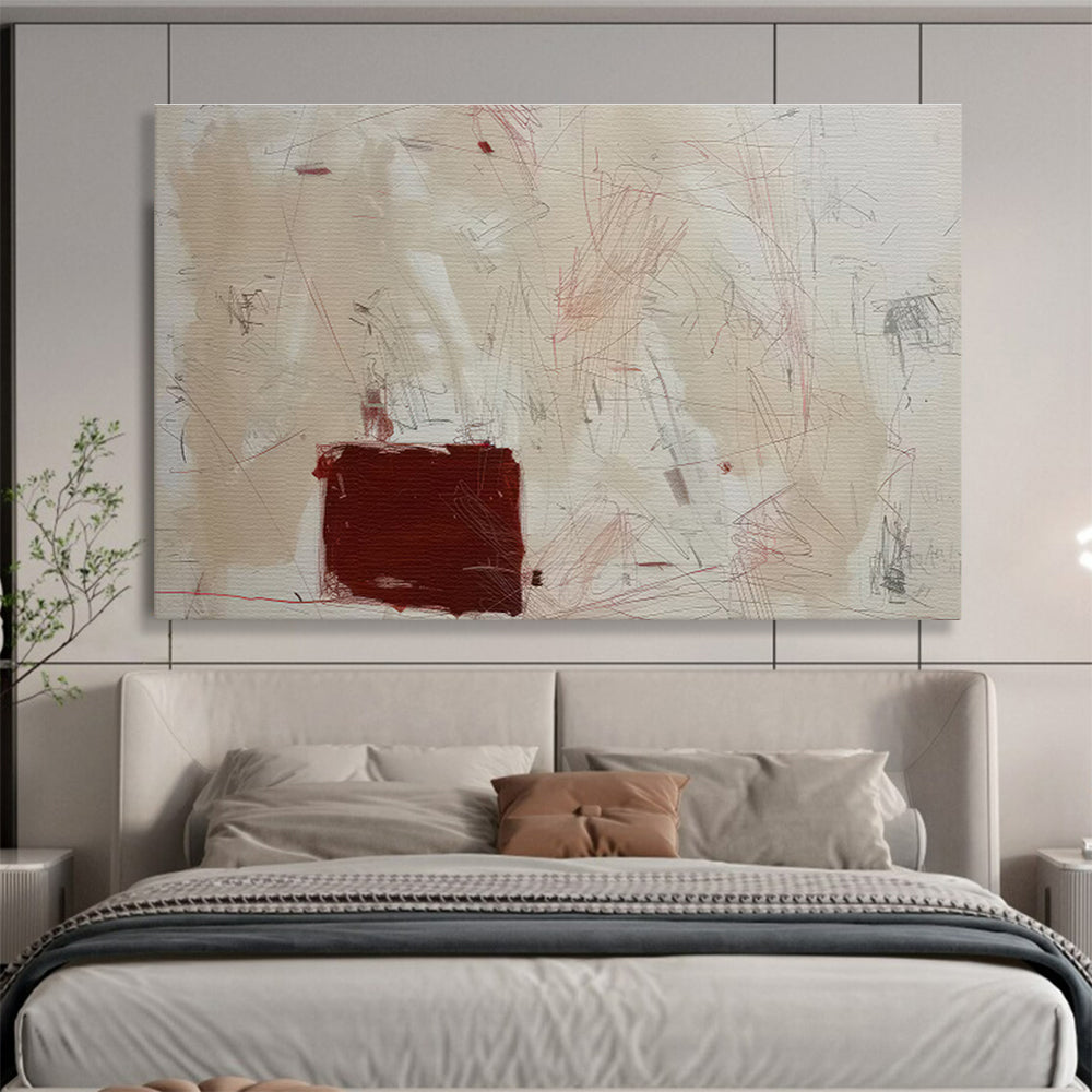 Beige and Red Abstract Scratches Contemporary Abstract Painting On Canvas DKS146