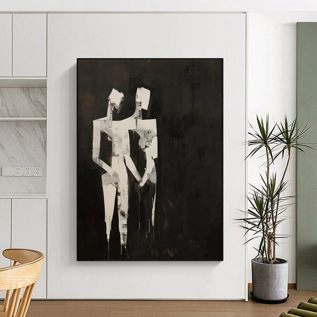 “Abstract Black and White Figures” - Cubist Abstract Painting On Canvas PT1934