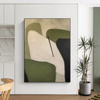 “Geometric Shapes in Green & Neutral” - Green, White, Black Abstract Geometric Painting On Canvas PS0575