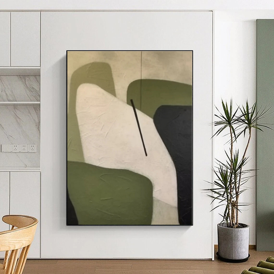 “Geometric Shapes in Green & Neutral” - Green, White, Black Abstract Geometric Painting On Canvas PS0575