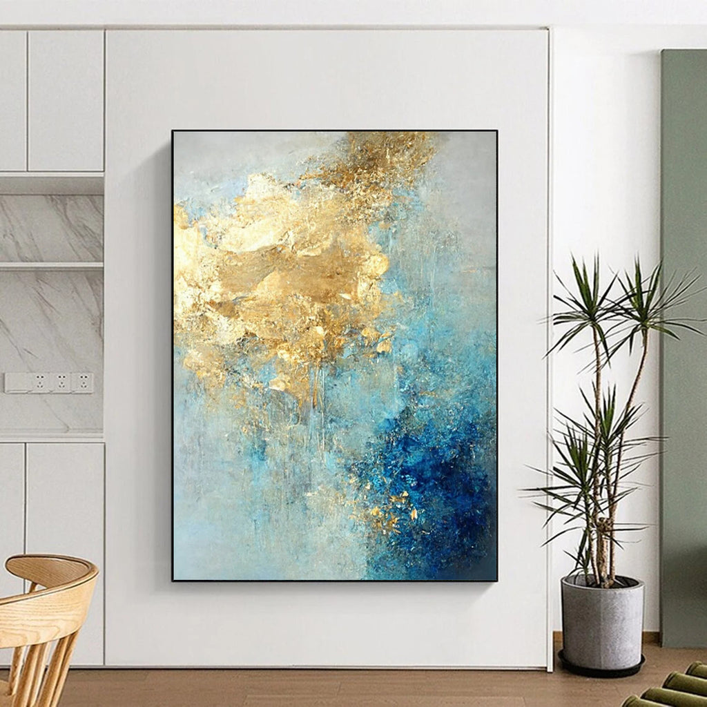 Blue - Gold Abstract Fusion Textured Painting On Canvas DS071