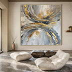 Gray, Gold, White with Circular Textures "Gilded Orbits" Abstract Painting On Canvas PS1266
