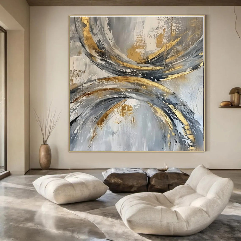 Gray, Gold, White with Circular Textures "Gilded Orbits" Abstract Painting On Canvas PS1266