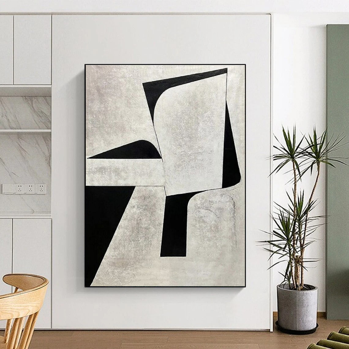 “Monochrome Geometric Shapes” - Beige, Black Abstract Minimalist Painting On Canvas PS0671