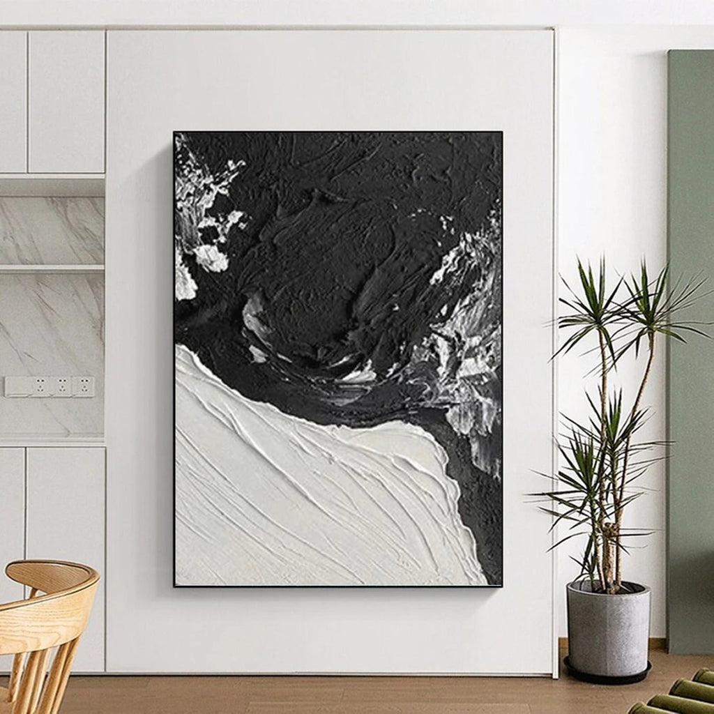 “Textured Black - White Contrast” - Impasto Abstract Painting On Canvas PT1048