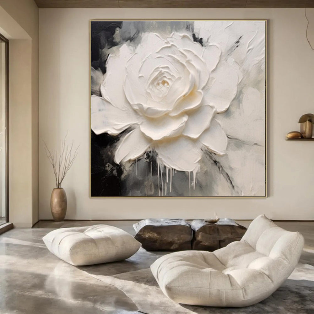 White, Gray with Textured Flower "Sculpted Petals" Impasto Floral Painting On Canvas PS1202