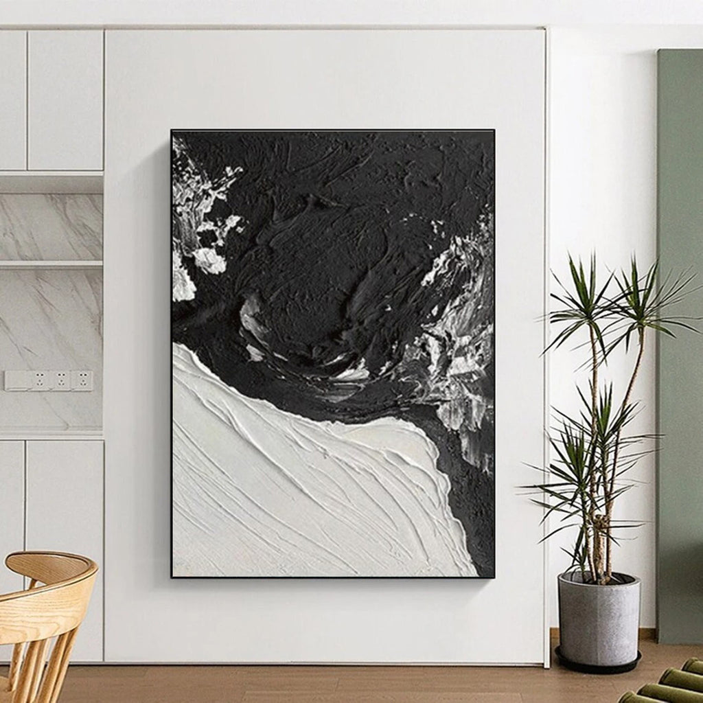 “Black - White Textured Waves” - Black, White Abstract Impasto Painting On Canvas PS0735