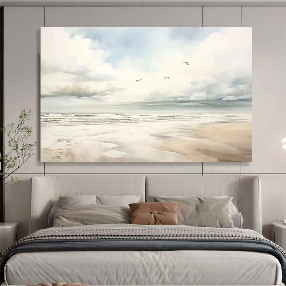 Serene Seaside Watercolor - Realistic Seascape Painting On Canvas DKS320