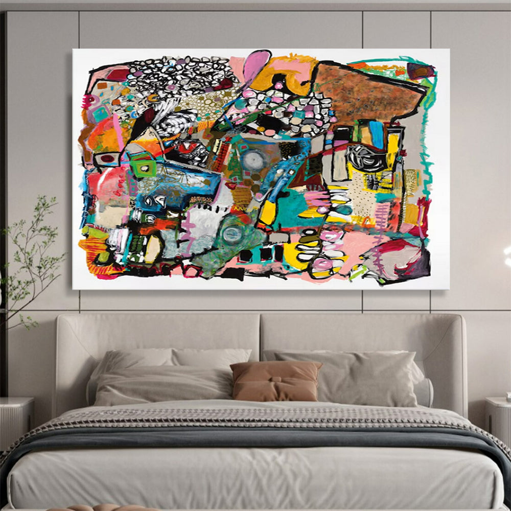 “Colorful Abstract Collage” - Vibrant Mix “Whimsical Mosaic” Painting On Canvas PT1656