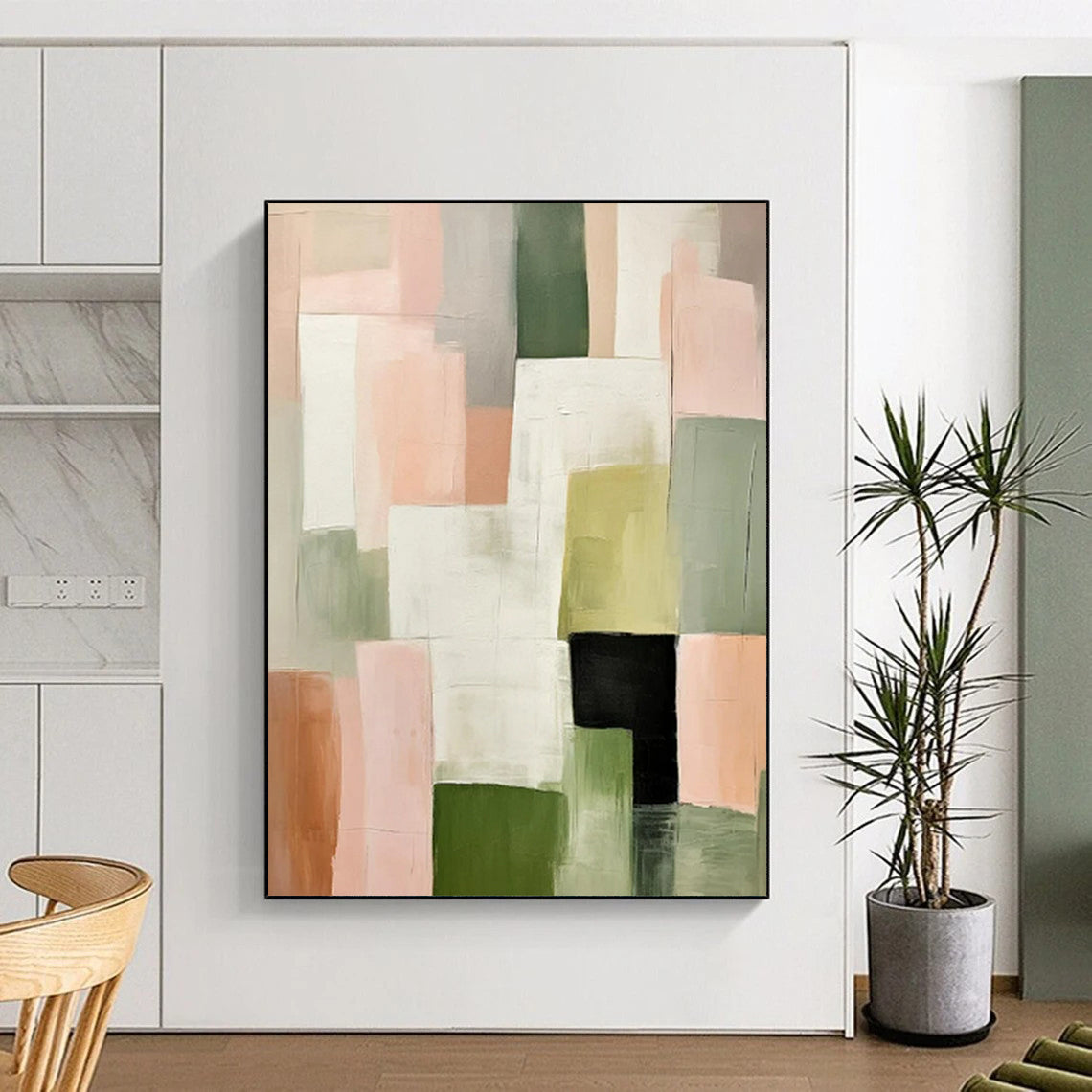 “Blush and Green Geometric Abstract” - Minimalist Geometric Painting On Canvas PT2260
