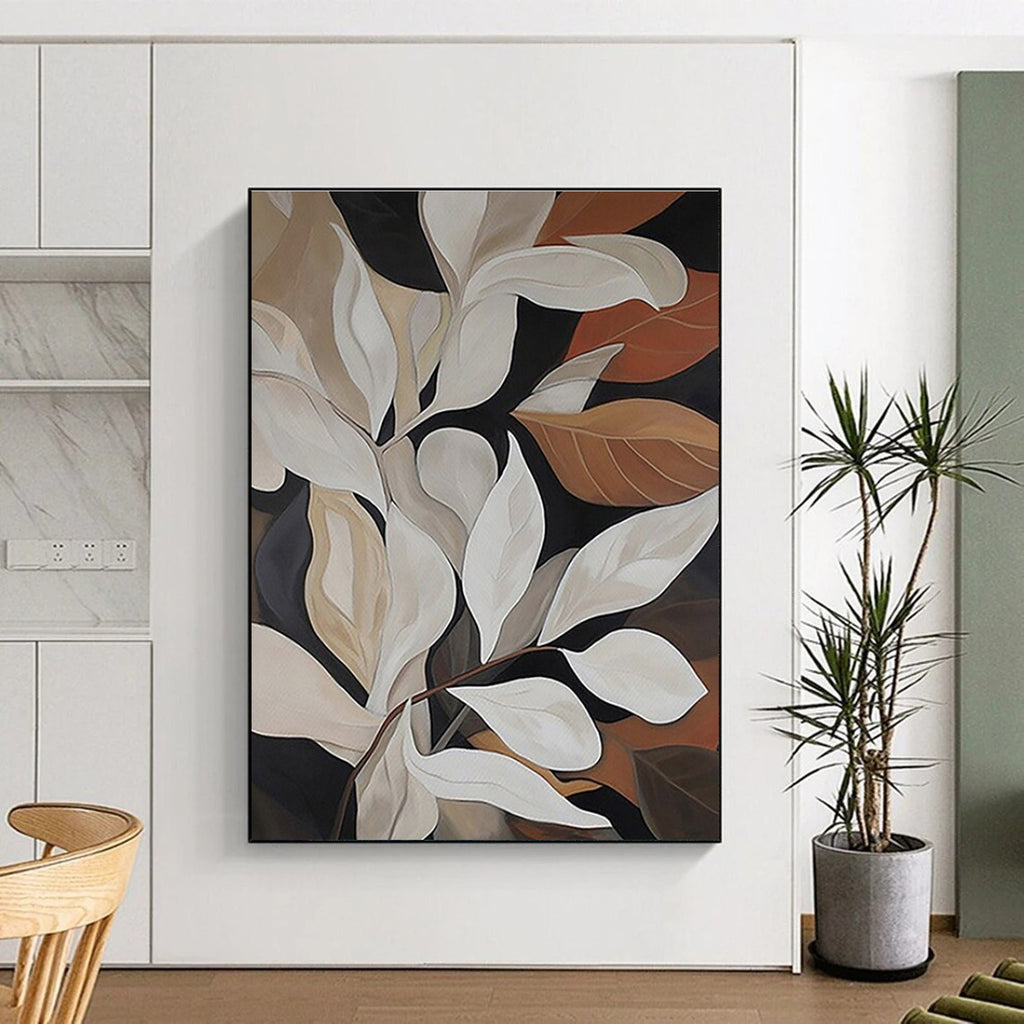 “Elegant White Leaves” - Black, White, Brown Abstract Floral Painting On Canvas PS0667