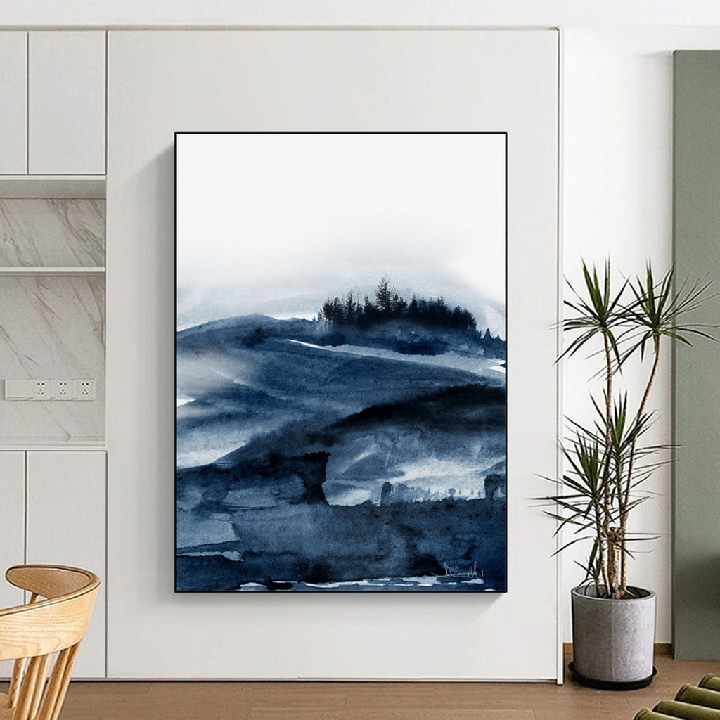 “Blue Watercolor Landscape” - Serene Hues with Misty Mountains Painting On Canvas DS230