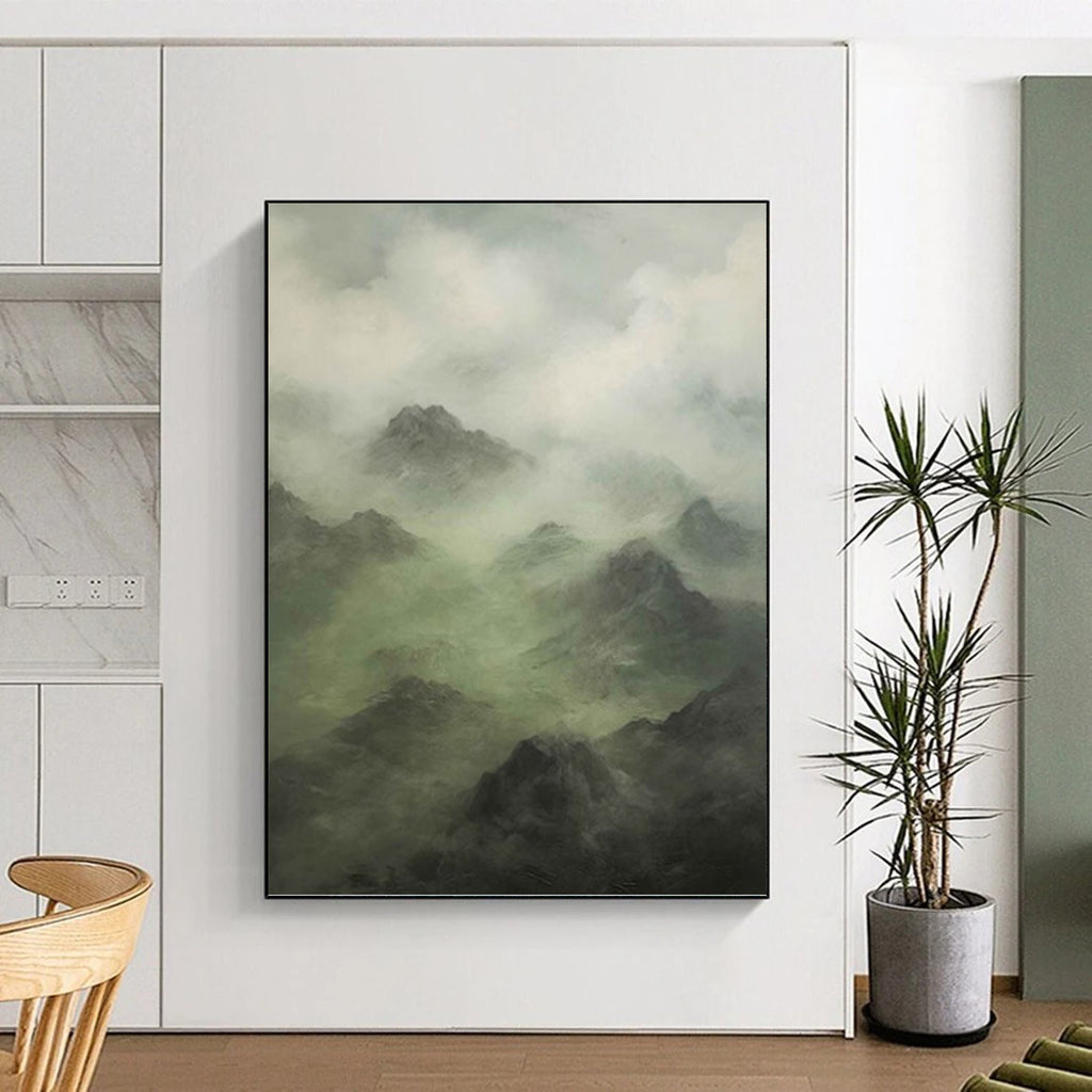 “Misty Mountain Greens” - Green, Gray, Atmospheric Landscape Painting On Canvas PT1480