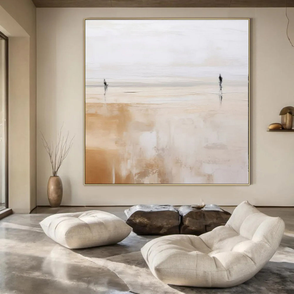 Beige, White with Two Figures "Dual Paths" Abstract Painting On Canvas PS1313