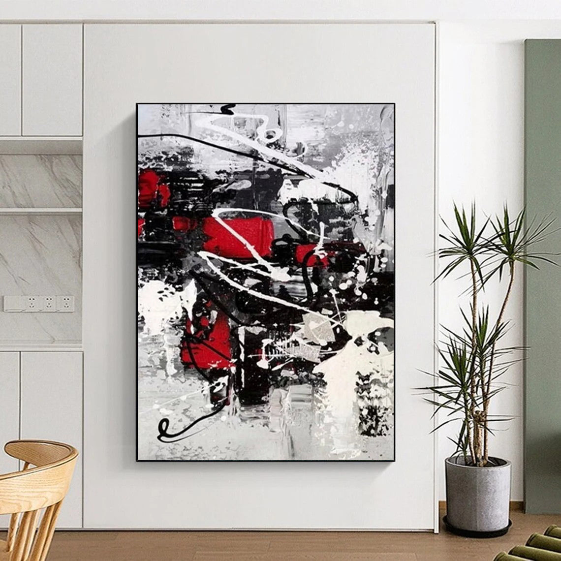 “Dynamic Red, Black, and White Abstract” - Energetic Abstract Painting On Canvas DS383