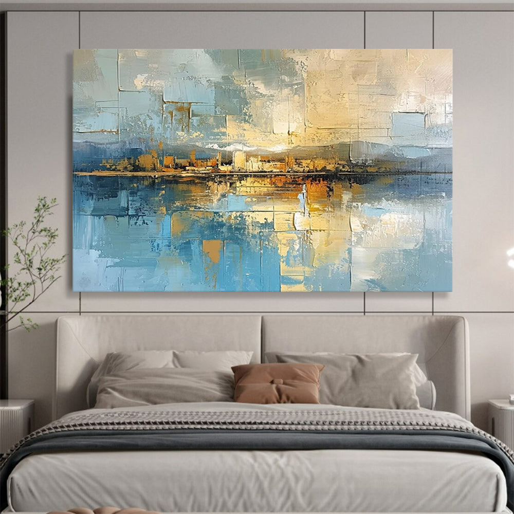 “Cityscape Reflection in Blues and Golds” - Cubist - Inspired Landscape Painting On Canvas PT050