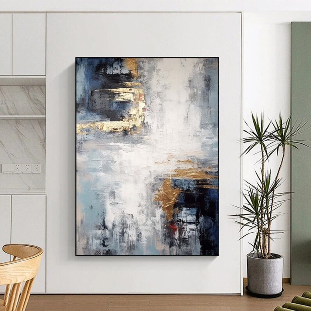 “Blue - Gray & Gold Fusion” - Blue, Gray, Gold Abstract Minimalist Painting On Canvas PS0696