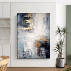 “Blue - Gray & Gold Fusion” - Blue, Gray, Gold Abstract Minimalist Painting On Canvas PS0696