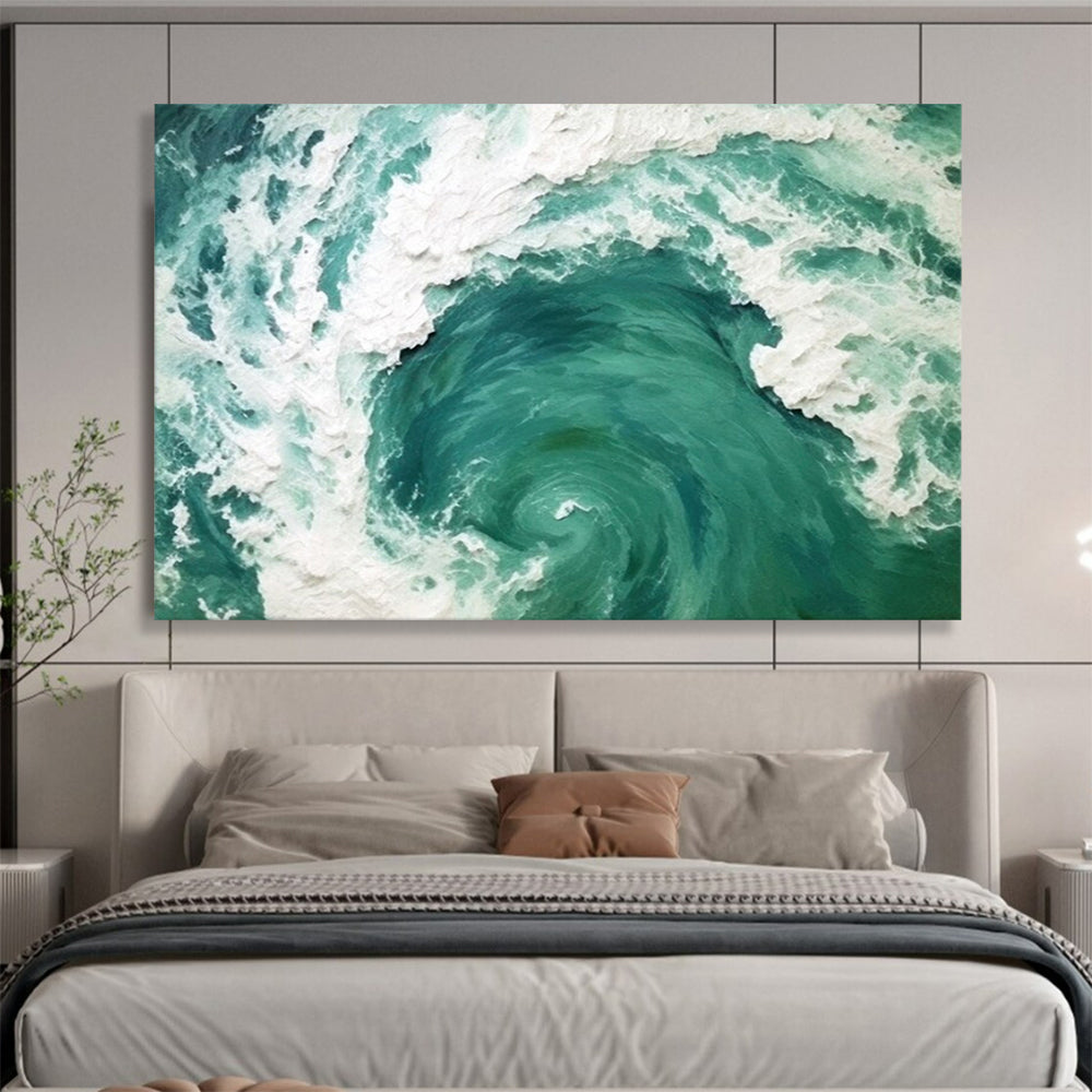 “Teal - White Swirling Wave” - Turquoise Motion “Ocean Vortex” Painting On Canvas PT1645