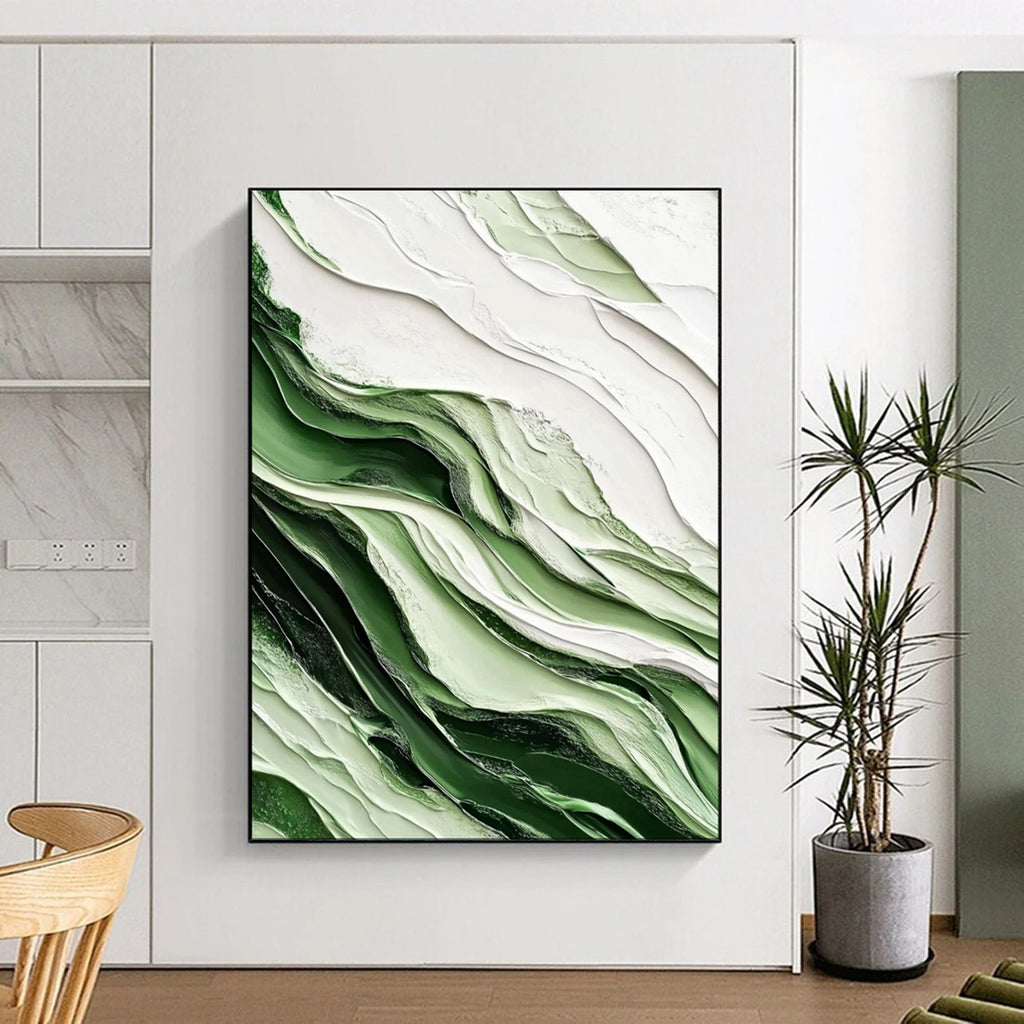 “Green - White Textured Abstract Waves” - Abstract Painting On Canvas PT2069