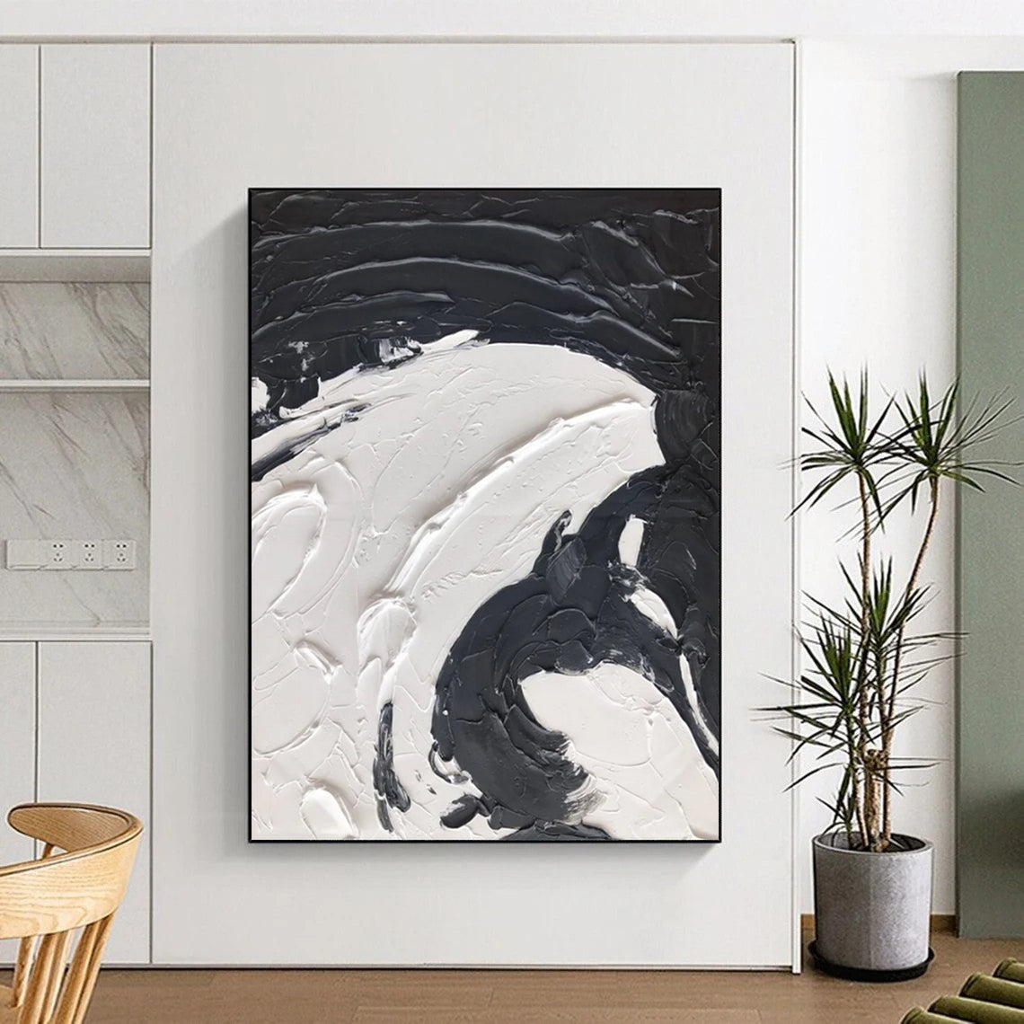 “Textured Swirls: Black and White Abstract” - Tactile Abstract Painting On Canvas DS393