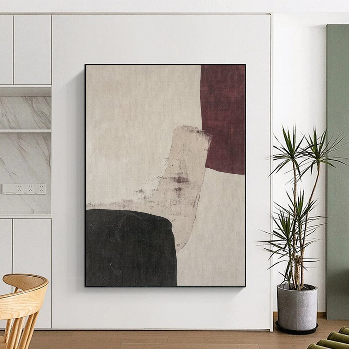 “Subtle Maroon - Black Abstract Shapes” - Contemporary Abstract Painting On Canvas PS0265