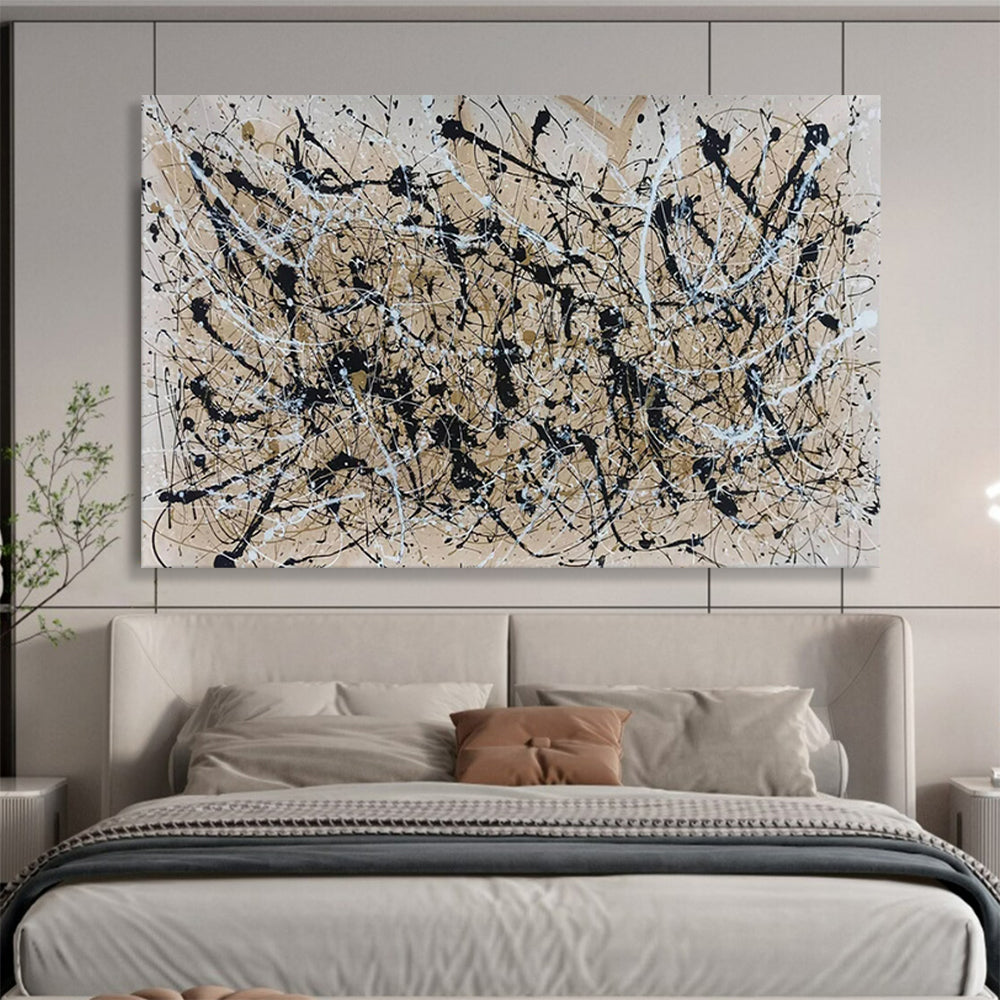 “Beige - Black - White Drip Art” - Pollock - Inspired Abstract Painting On Canvas PT1588