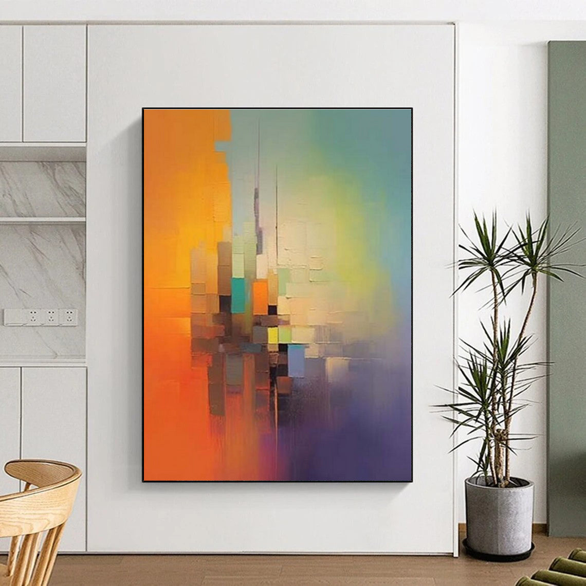 “Color - Blocked Cityscape” - Orange, Green, Blue, Purple Abstract Cityscape Painting On Canvas PS0691
