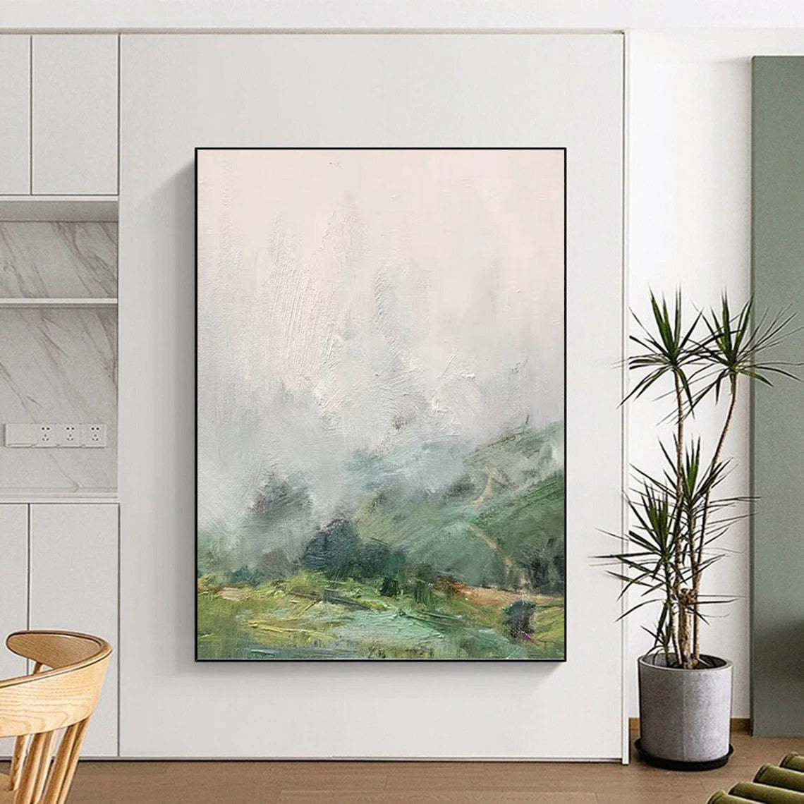 “Soft Green and Gray Landscape” - Landscape, Impressionistic Painting On Canvas PT1541