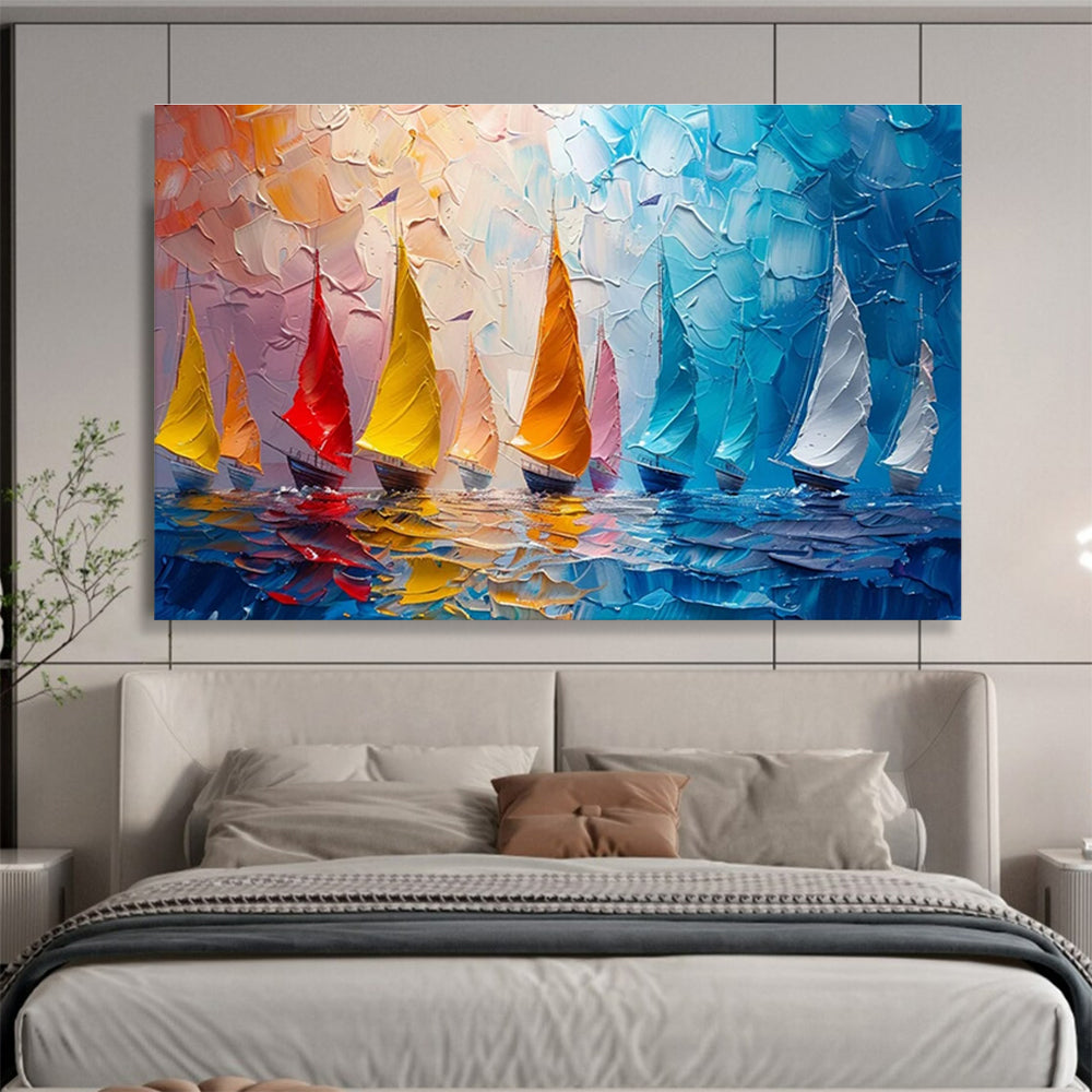 “Colorful Sailboats at Sea” - Impasto Oil Painting On Canvas DKS800