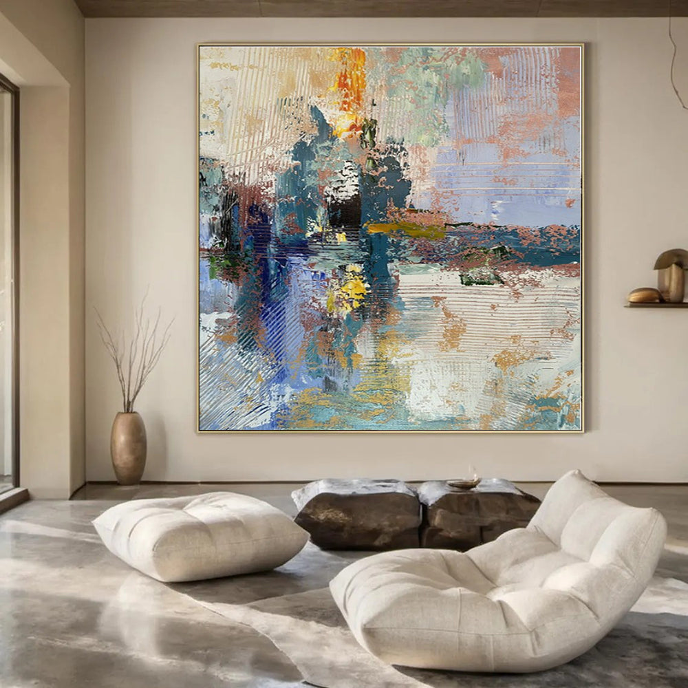 Blue, Green, Yellow, Pink with Textured Strokes "Dreamy Harbor" Abstract Painting On Canvas PS1397