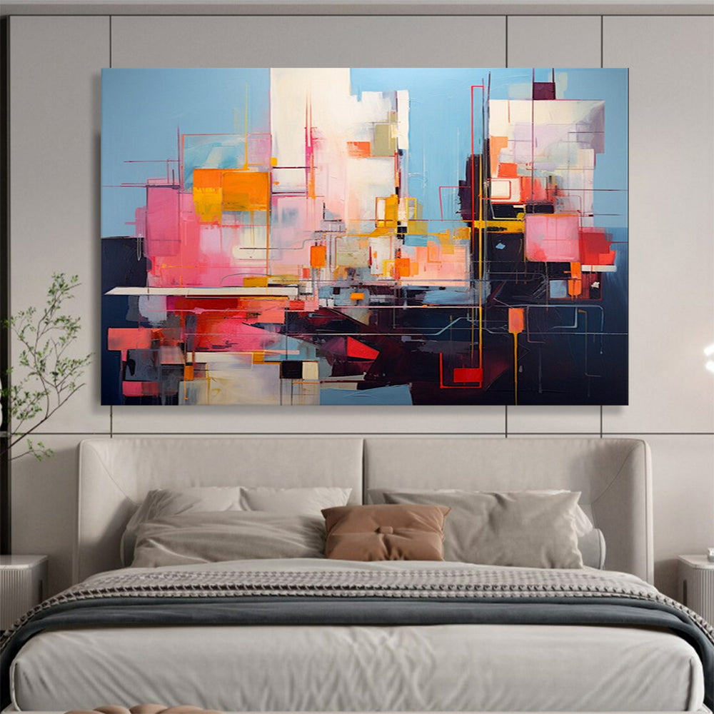 “Vibrant Geometric Abstract Cityscape in Pink, Blue & Colorful Lines” - Modern Cubist - Inspired Painting On Canvas PT020