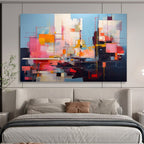 “Vibrant Geometric Abstract Cityscape in Pink, Blue & Colorful Lines” - Modern Cubist - Inspired Painting On Canvas PT020