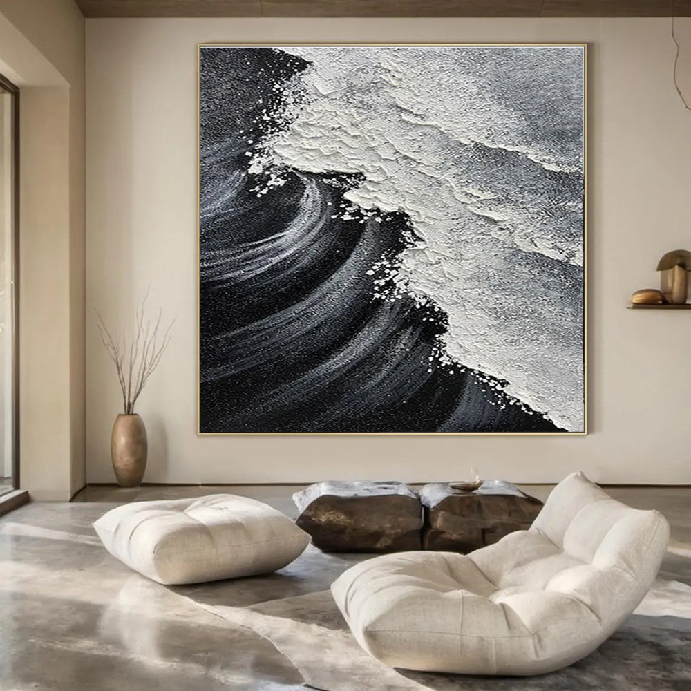 Black, White with Textured Wave "Monochrome Surf" Abstract Painting On Canvas PS1484