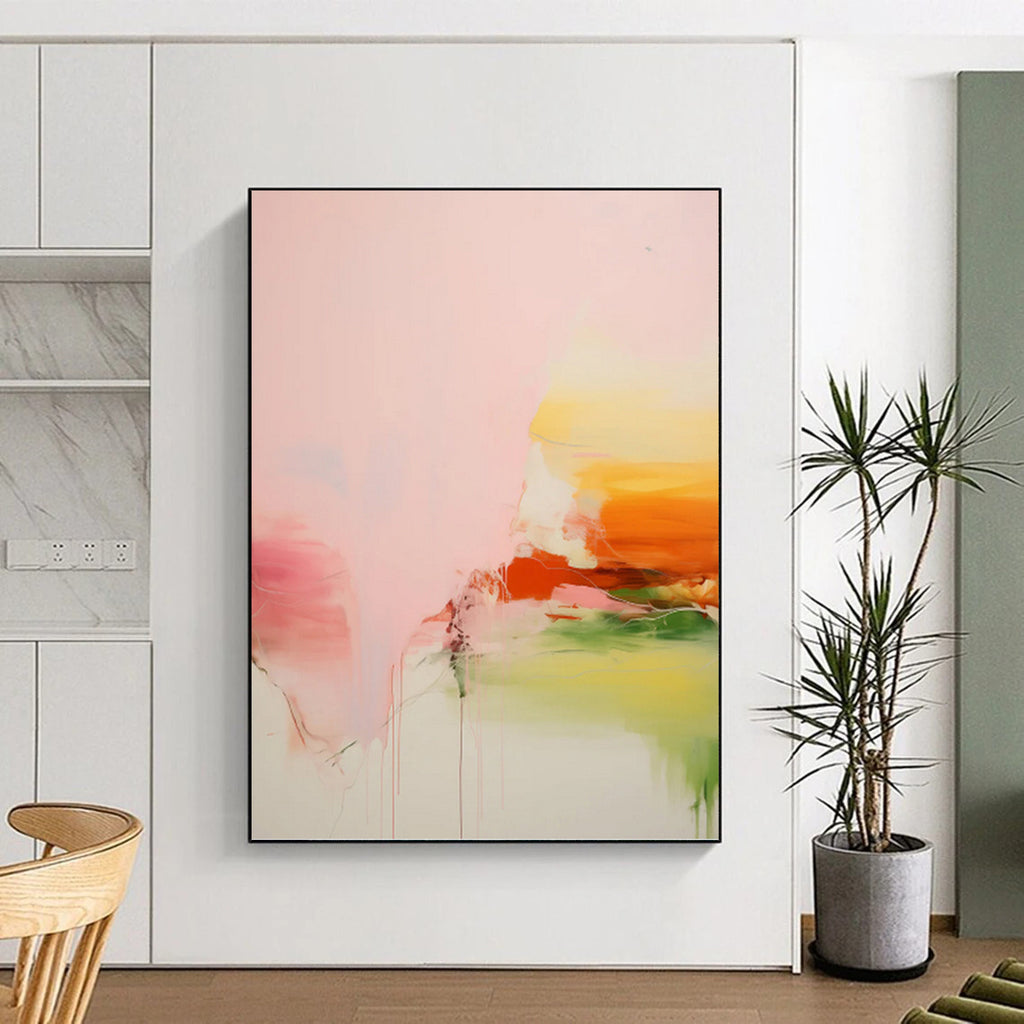 “Pink, Orange, and Green Abstract” - Colorful Drip Painting On Canvas PT0991