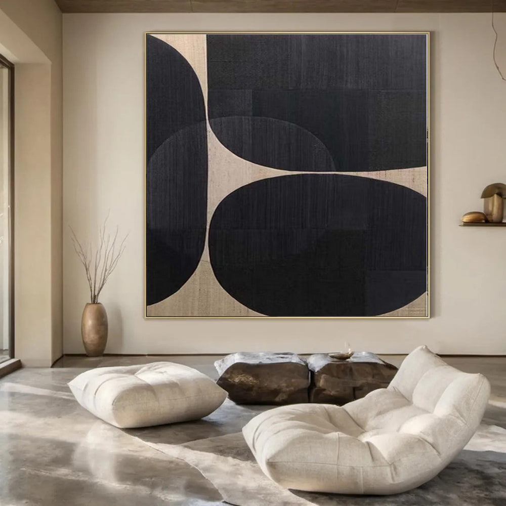 “Black - Beige Circular Geometric” - Contemporary Abstract Painting On Canvas PS0137