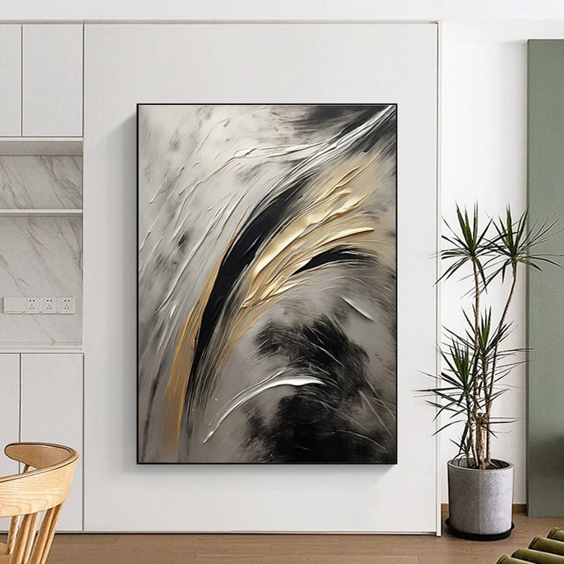 “Silver - Black - Gold Flowing Strokes” Painting On Canvas PS0834