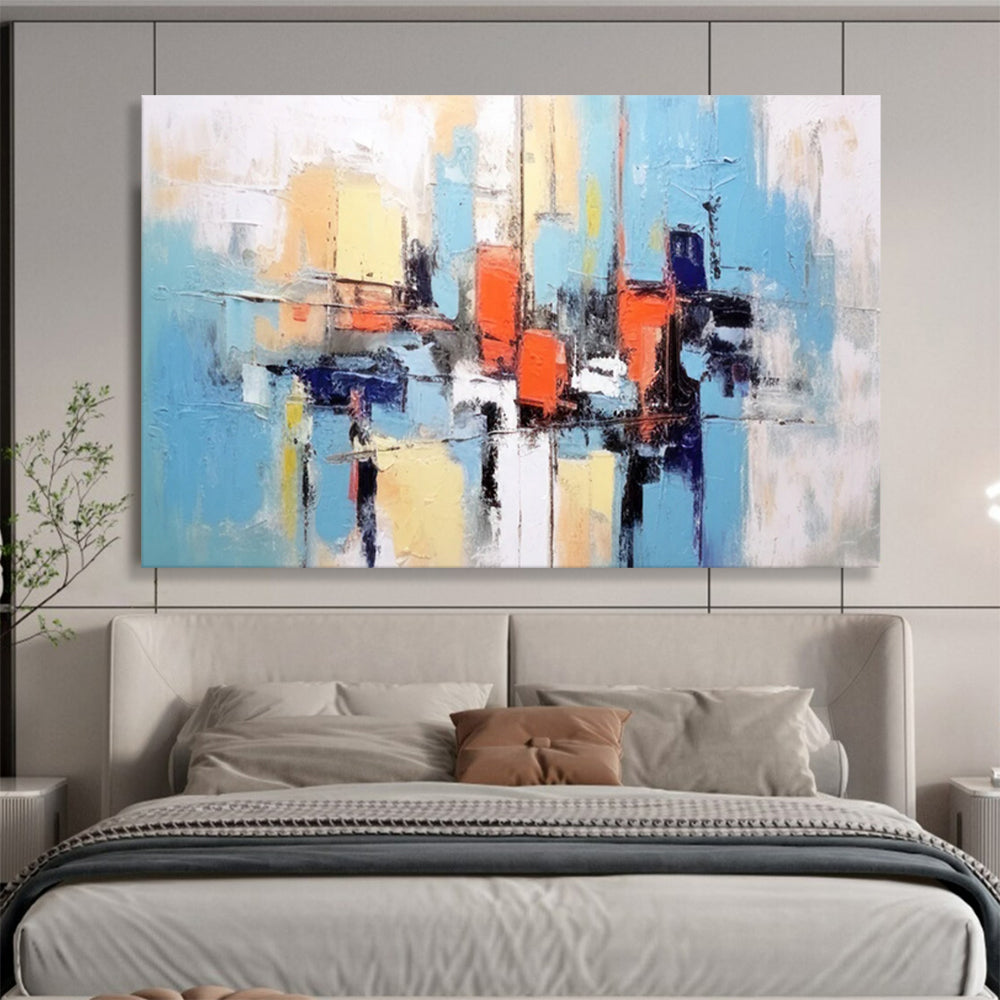 “Abstract City in Blue, Orange, and Yellow” - Modern Urban Painting On Canvas PT068