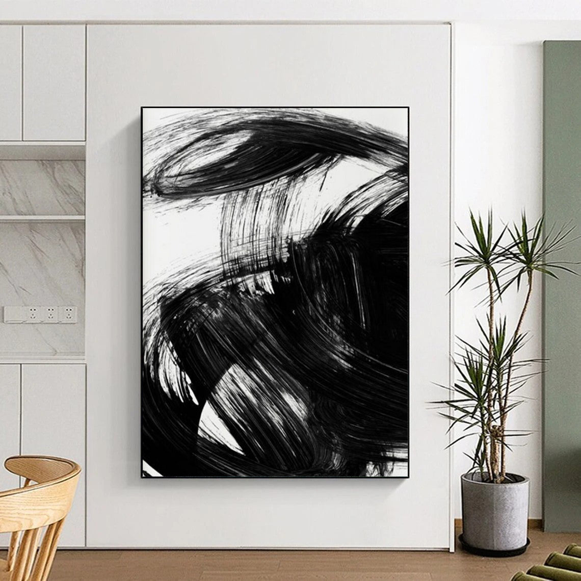 “Dynamic Black Brushstrokes” - Bold, Swirling Forms on White Background Painting On Canvas DS195