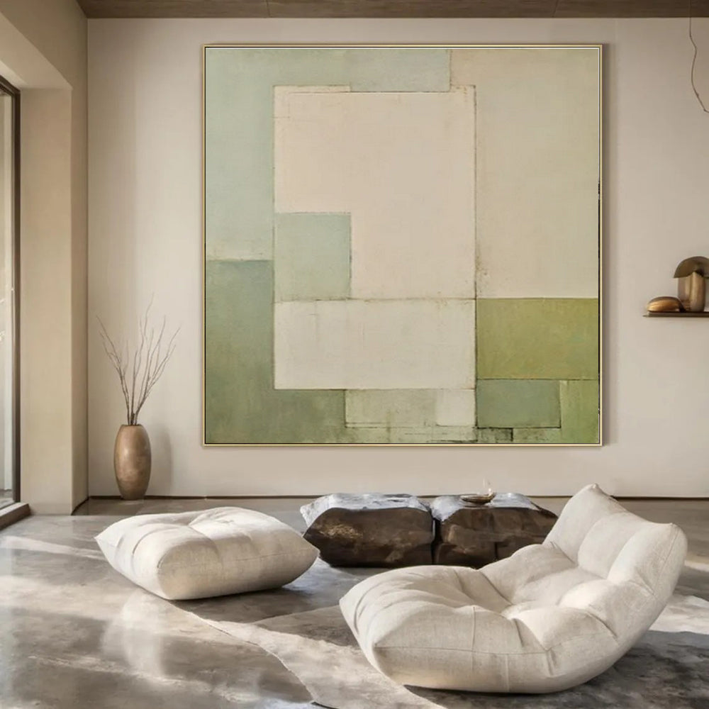 Light Green, Gray, Beige with Subtle Rectangles "Soft Structure" Abstract Painting On Canvas PS1444