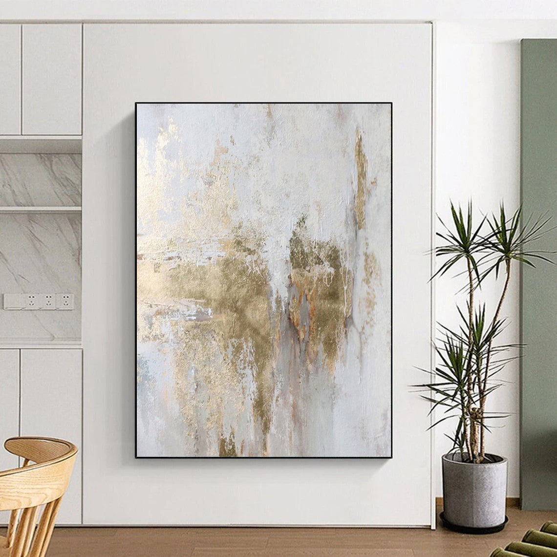 “Soft Gold - Splashed Abstract on Light Background” - Contemporary Abstract Painting On Canvas PS0256