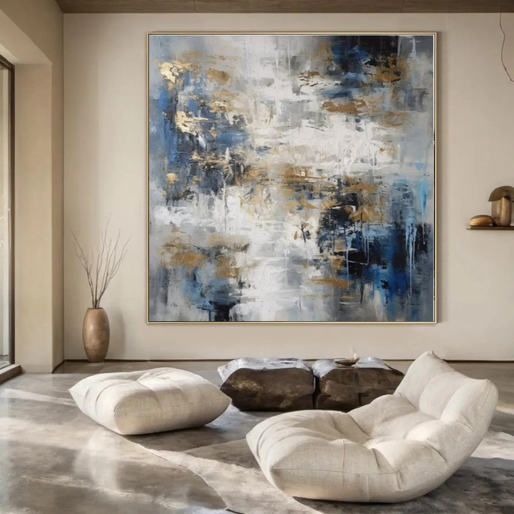 Gray, Blue, Gold with Abstract Drips and Splashes "Gilded Drizzle" Abstract Painting On Canvas PS1303